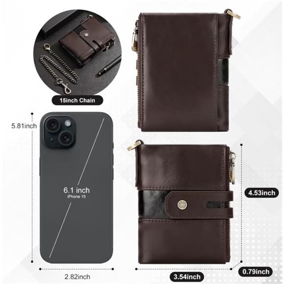 Mens Wallets with Chain Genuine Leather Coffee - Picture 5 of 5